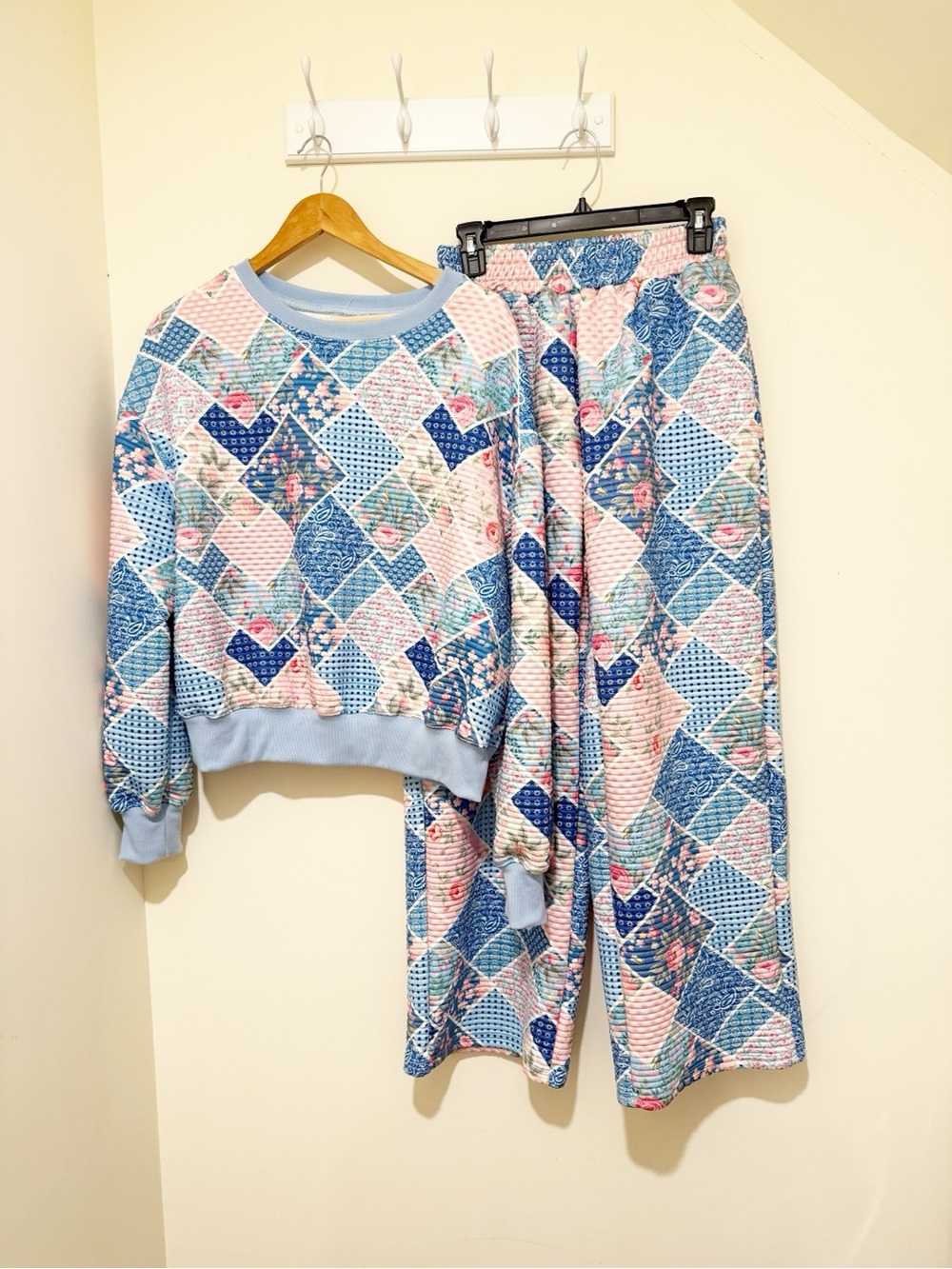 SHEIN Blue & Pink Patchwork Print Track Pants Set
